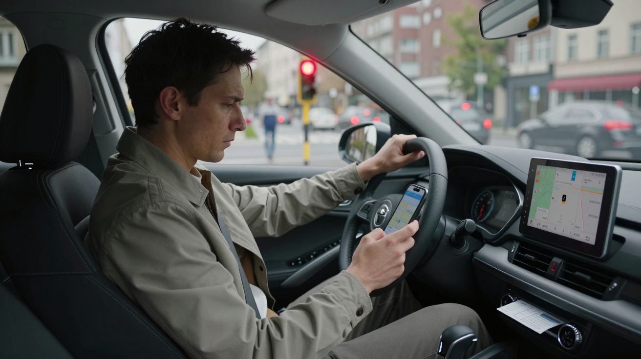 Hombre conduciendo un coche, mirando el móvil en un semáforo en rojo, con GPS en la pantalla del vehículo.