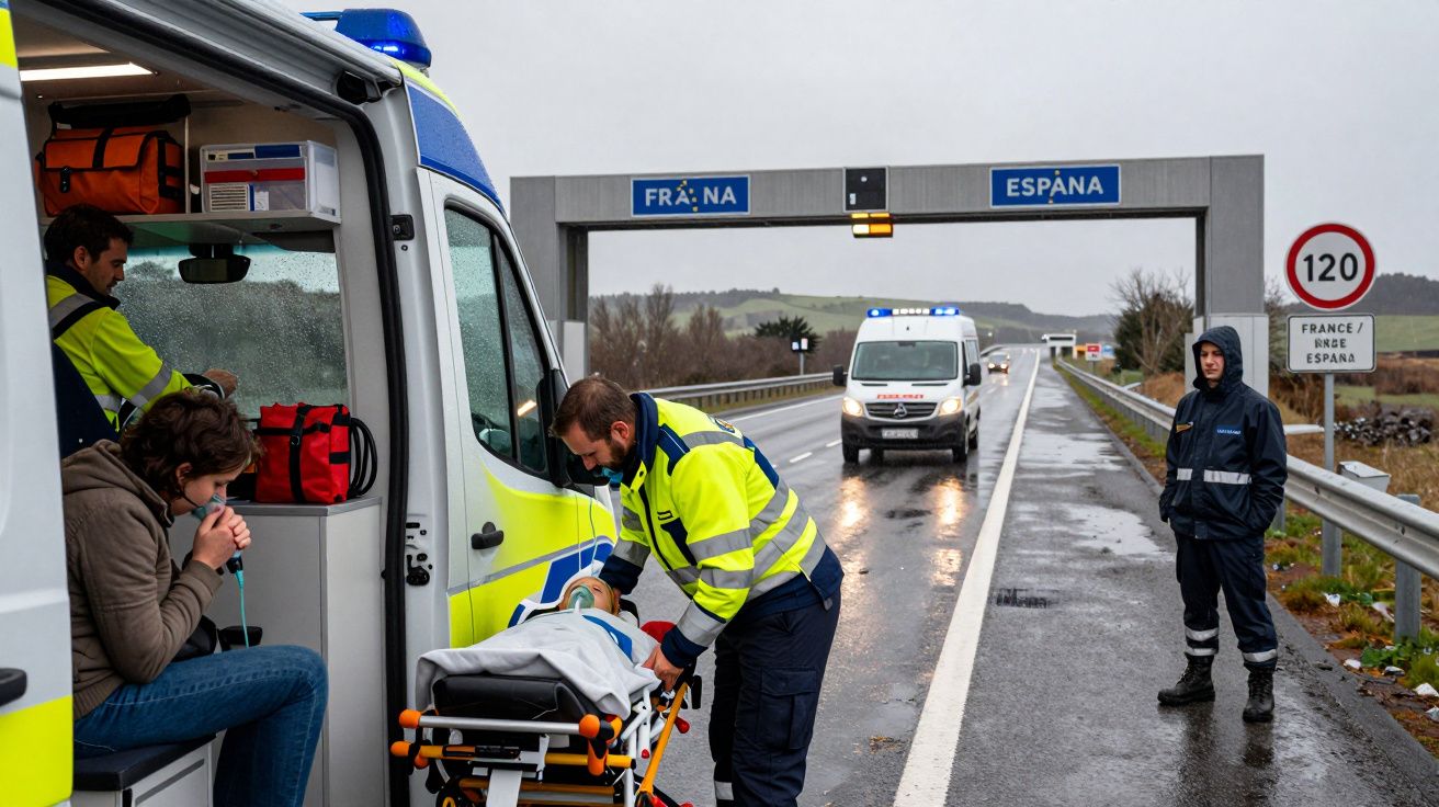Ambulancia y paramédicos atendiendo a un paciente en camilla cerca de la frontera entre Francia y España en la carretera.