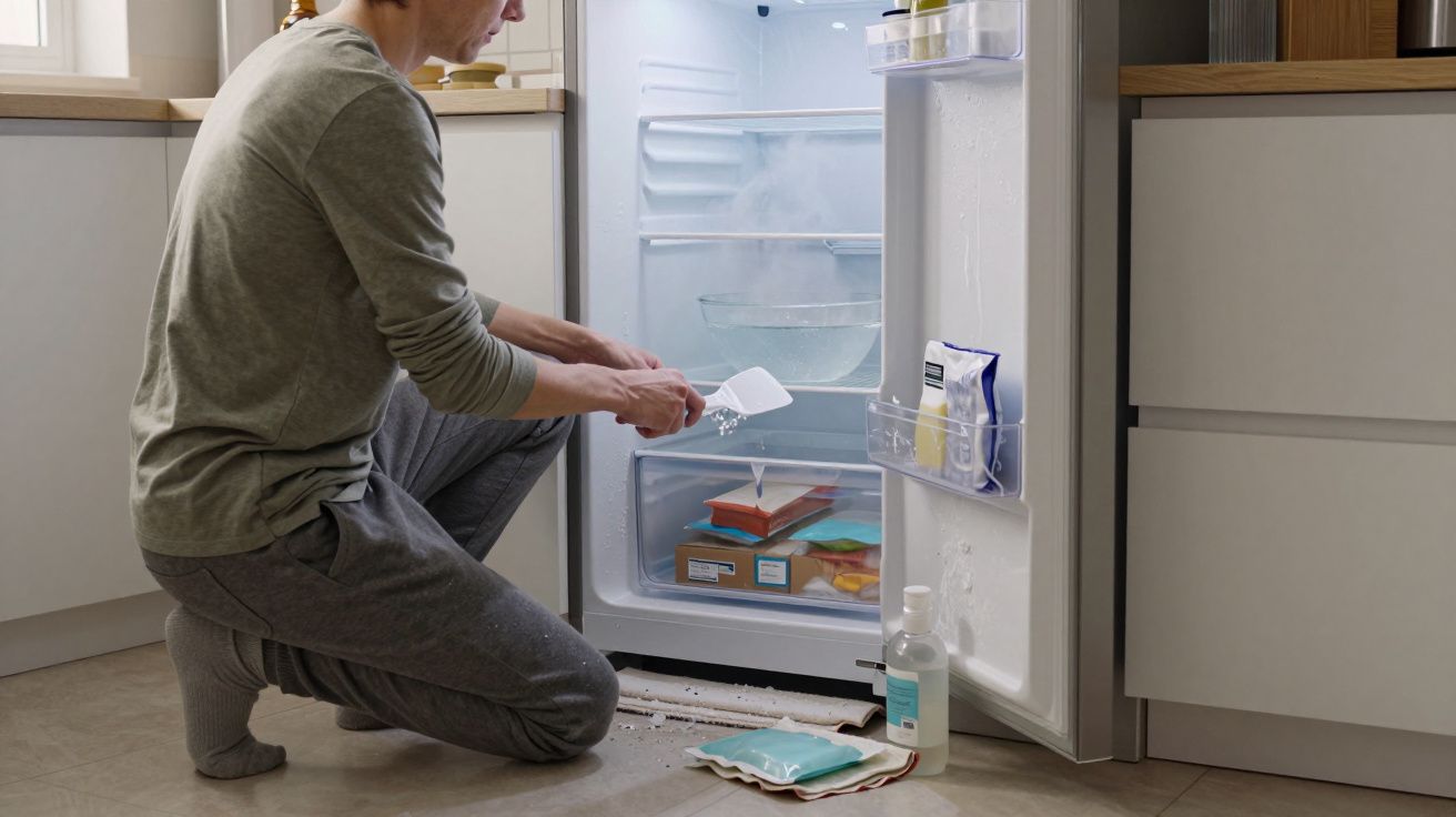 Persona descongelando un congelador con una espátula plástica en una cocina moderna.