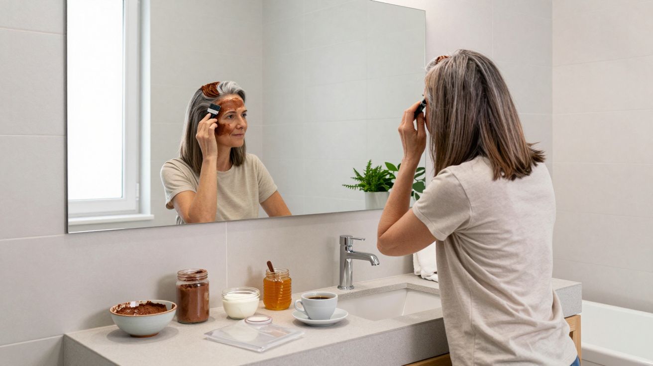 Mujer frente al espejo en el baño aplicándose crema en la cara; productos de cuidado personal en el lavabo.