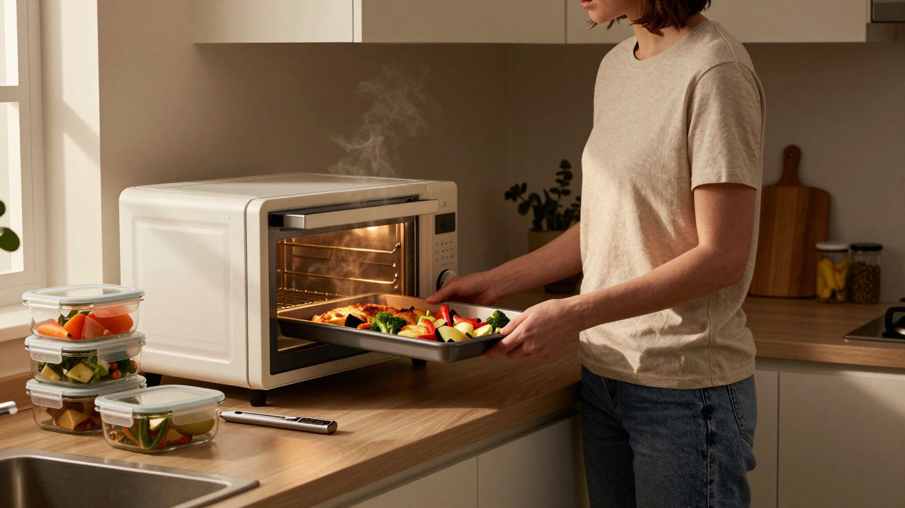 Mujer sacando una bandeja de verduras asadas de un horno en una cocina moderna, con recipientes de alimentos en la encimera.