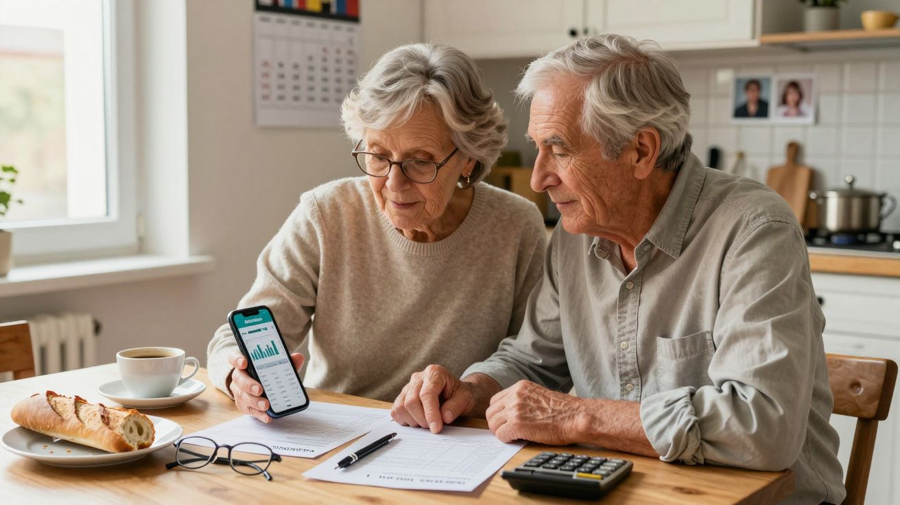 Pareja mayor revisando documentos y gráficos en un móvil en la cocina, con una calculadora, bolígrafo y desayuno sobre la mes