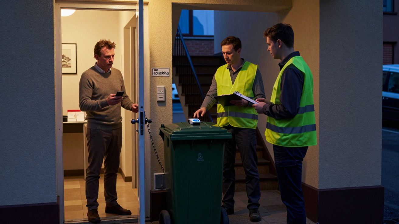 Hombre en puerta con móvil, mientras dos trabajadores con chalecos reflectantes revisan un contenedor de basura.