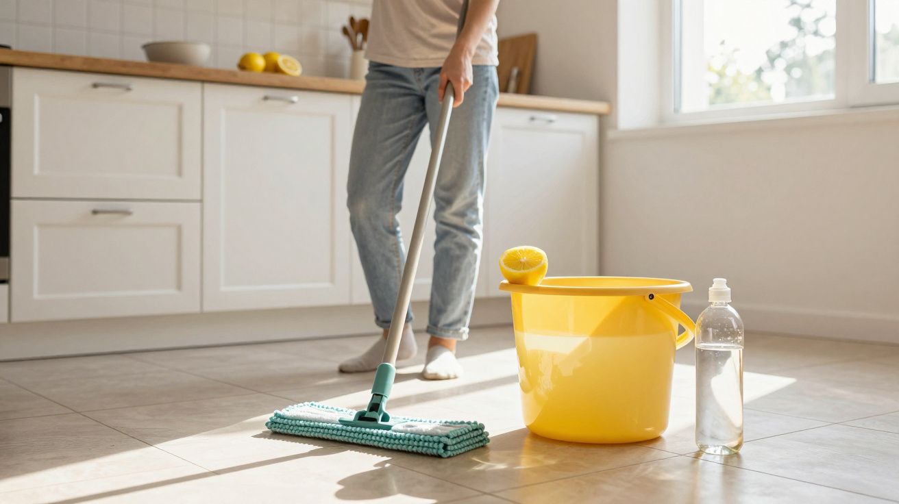 Persona limpiando el suelo de una cocina luminosa con fregona, cubo amarillo y botella de limpiador.