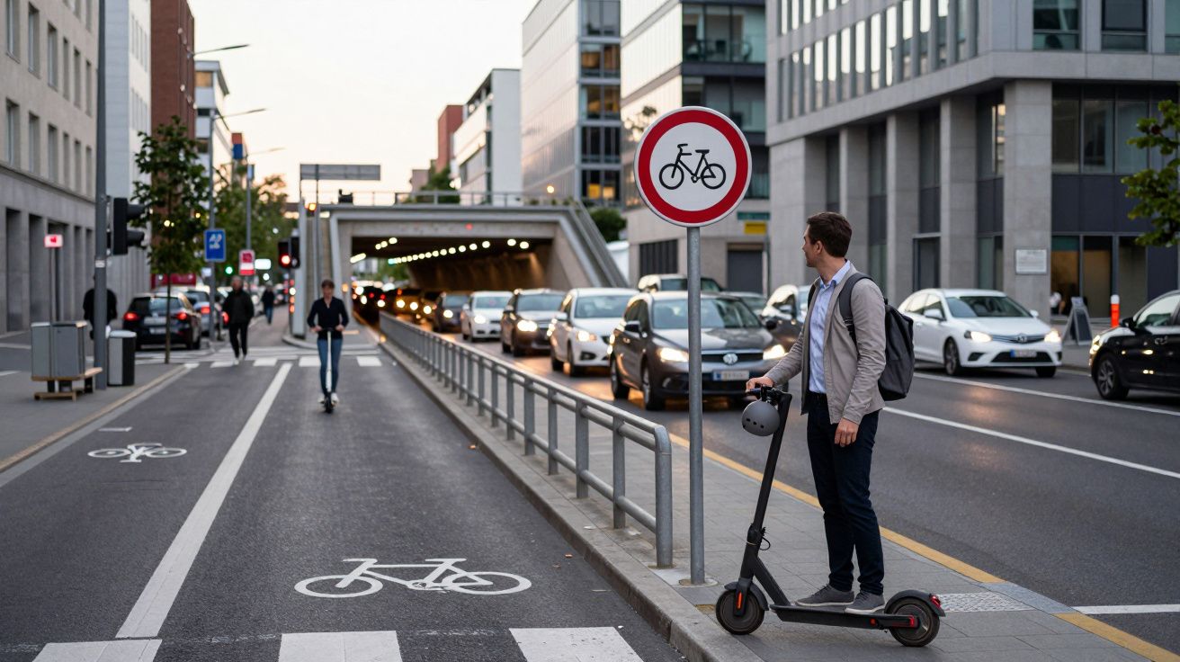 Hombre con patinete eléctrico en carril bici mira al tráfico en ciudad moderna al atardecer.