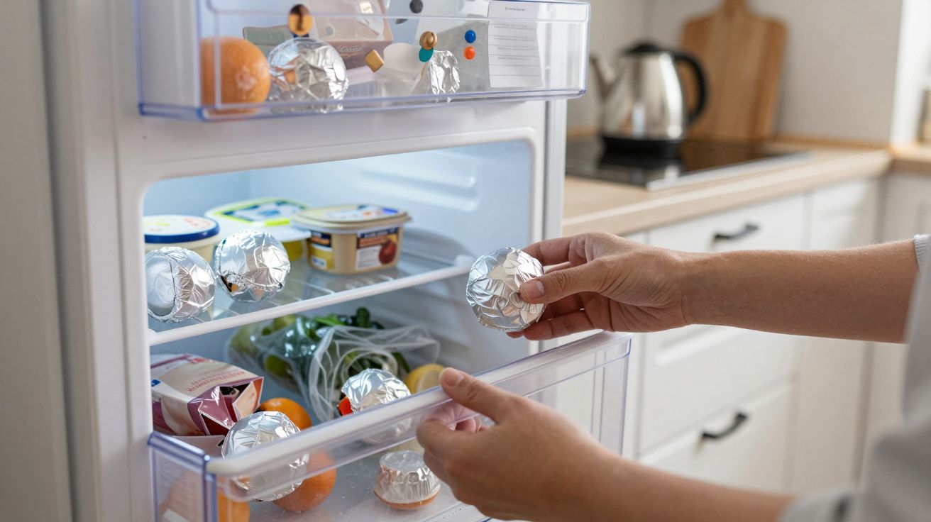 Persona colocando bolas de papel aluminio en un frigorífico con alimentos y envases en una cocina moderna.