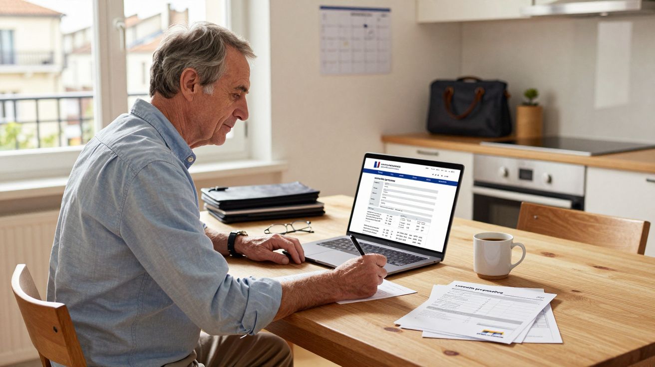 Hombre mayor trabajando en un portátil en la mesa de la cocina, con documentos y una taza de café.