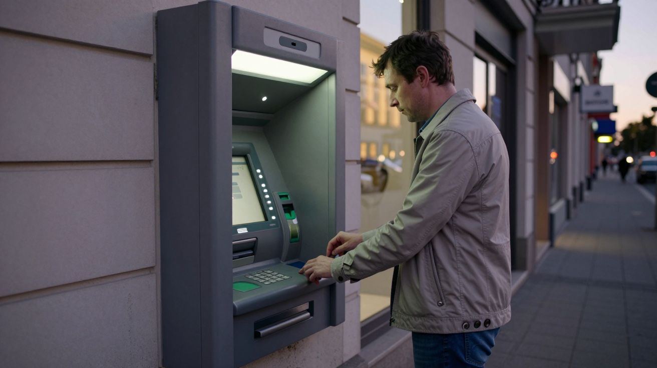 Hombre usando un cajero automático en la calle al atardecer.