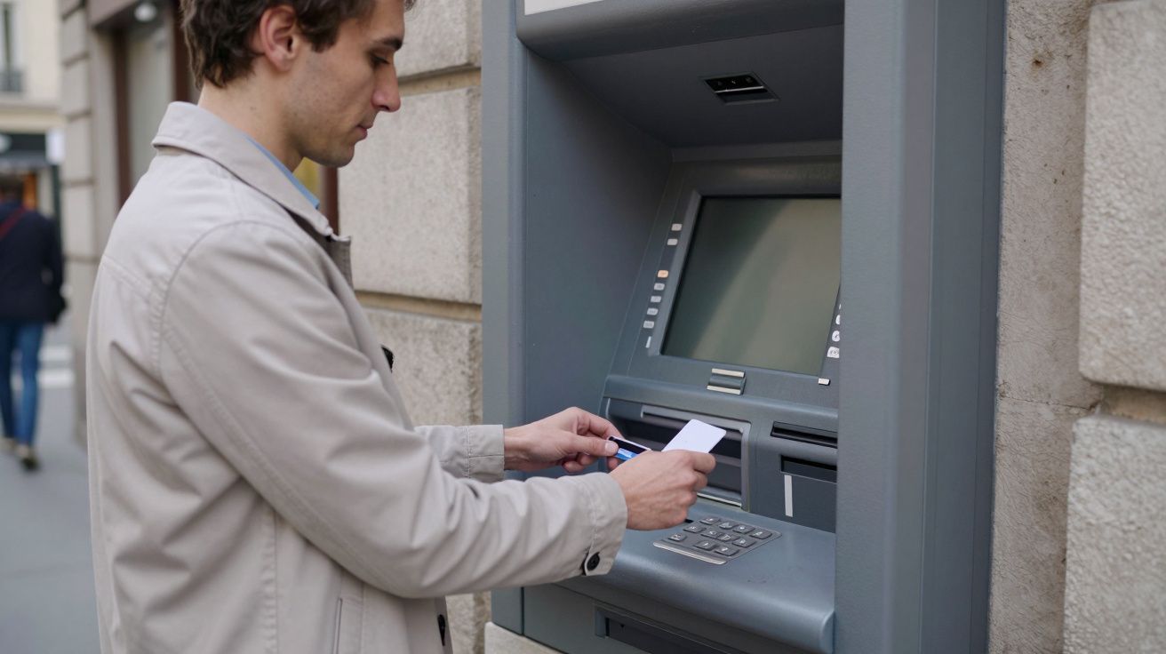 Hombre usando un cajero automático en una calle urbana, insertando una tarjeta.