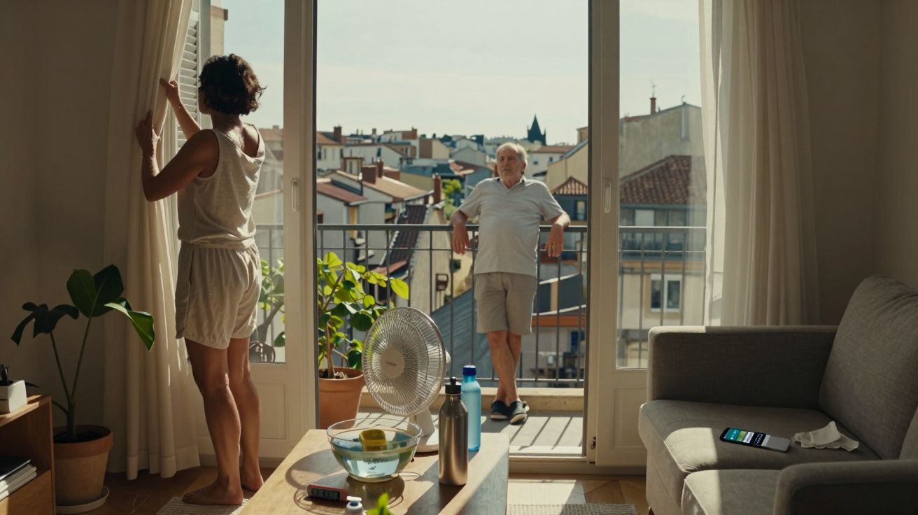 Mujer ajustando cortinas en salón iluminado, hombre mayor en balcón con vistas a edificios bajo cielo despejado.