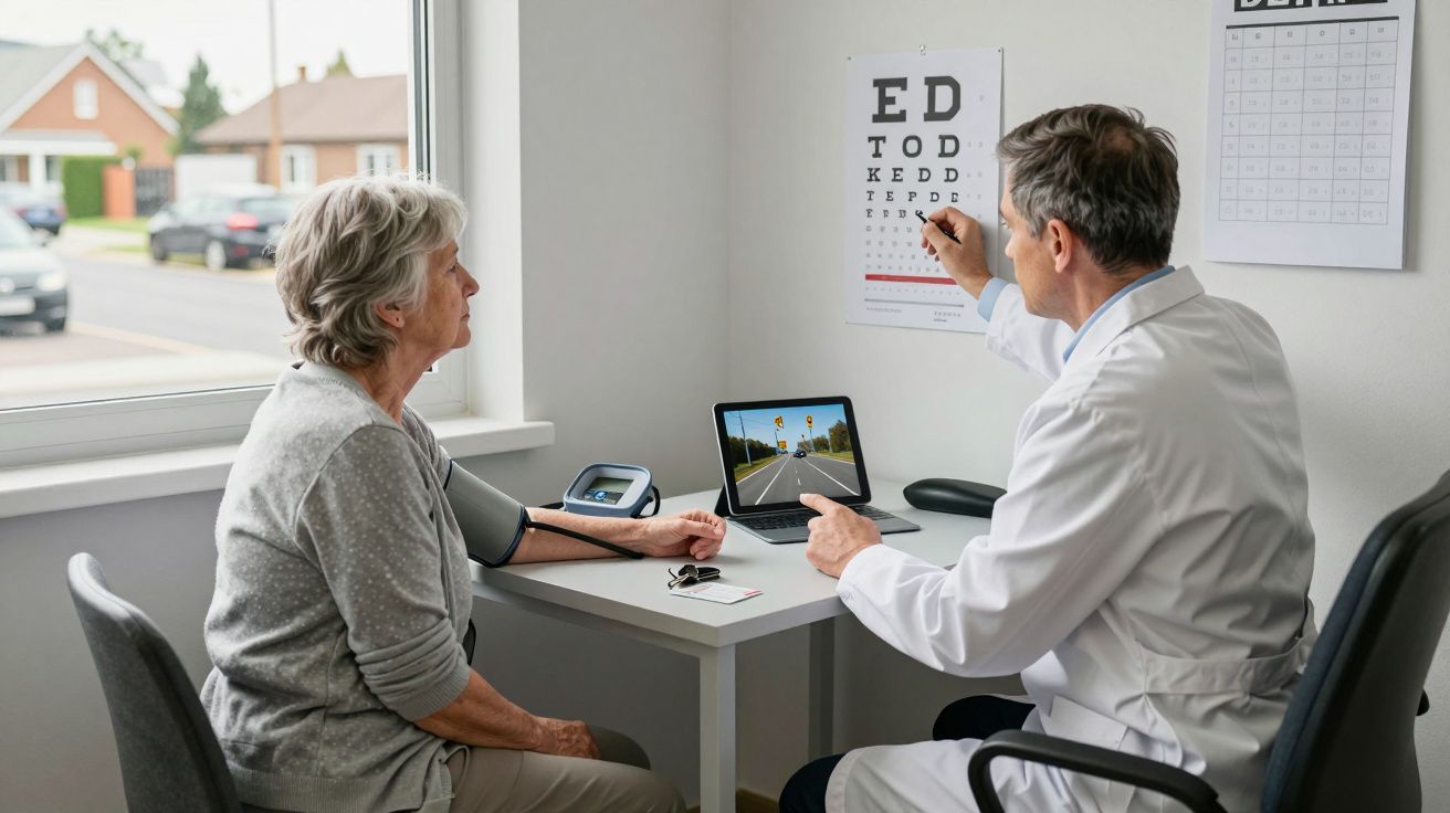 Médico explica una pantalla a una paciente mayor durante una consulta en un consultorio, junto a una ventana.