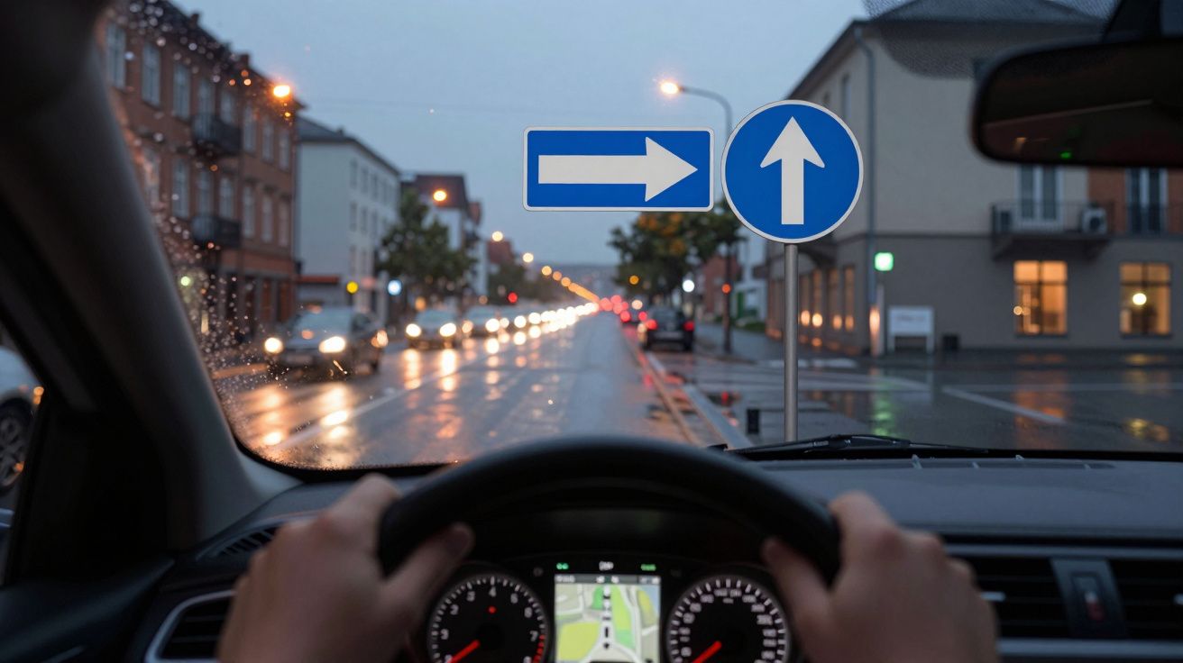 Vista desde el interior de un coche conduciendo por una calle al atardecer, con señales de giro a la derecha y recto.