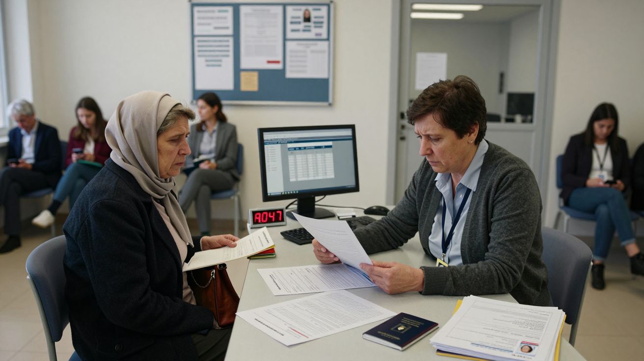 Dos mujeres sentadas a una mesa revisando documentos en una oficina con otras personas al fondo.