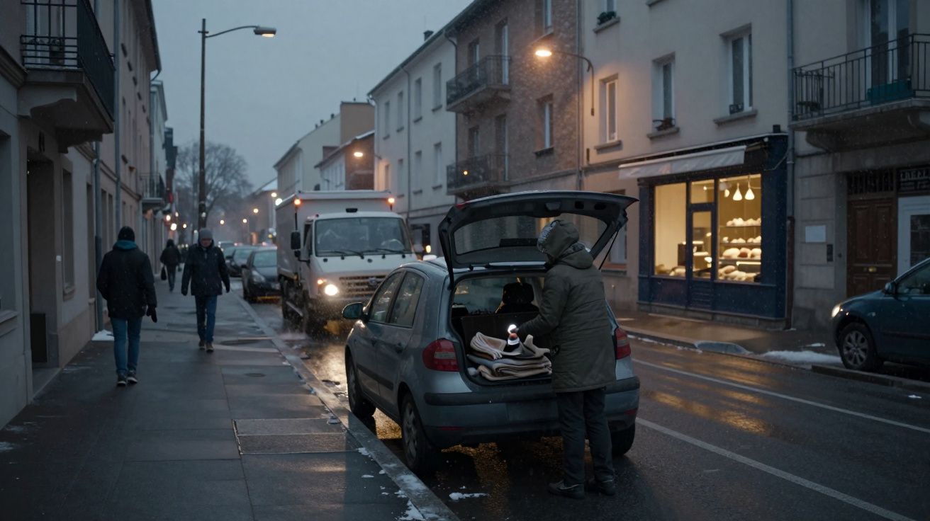 Persona con abrigo revisa el maletero de un coche en una calle nevada al atardecer, con transeúntes y vehículos cerca.