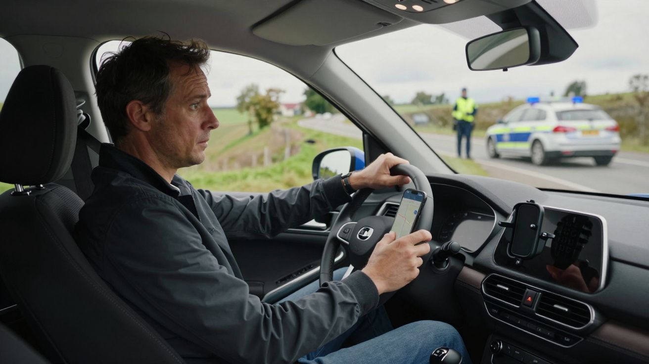 Hombre conduciendo coche mientras usa el móvil; un policía y coche policial al fondo en la carretera.