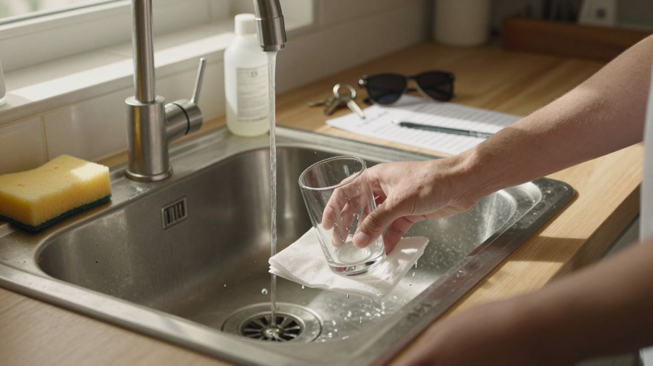 Mano sosteniendo un vaso debajo de un grifo con agua corriendo en un fregadero de cocina.