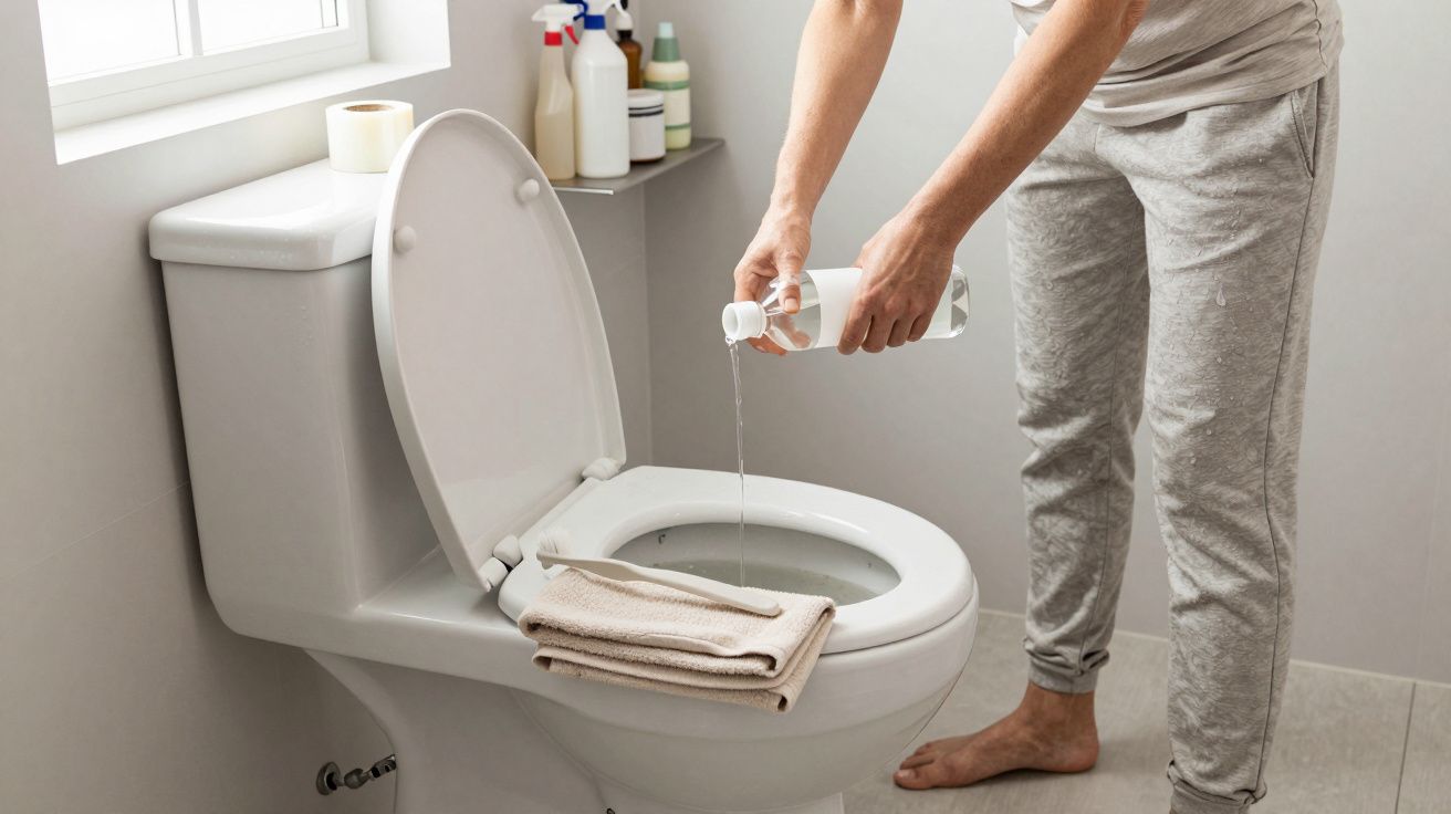 Persona limpiando el inodoro con un producto líquido. Toallas y productos de limpieza están sobre el tanque.