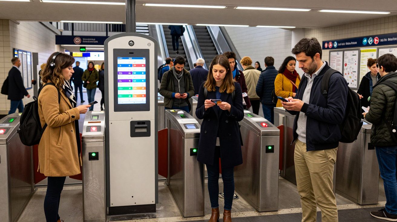 Personas usando teléfonos móviles mientras esperan en un torniquete de metro concurrido.