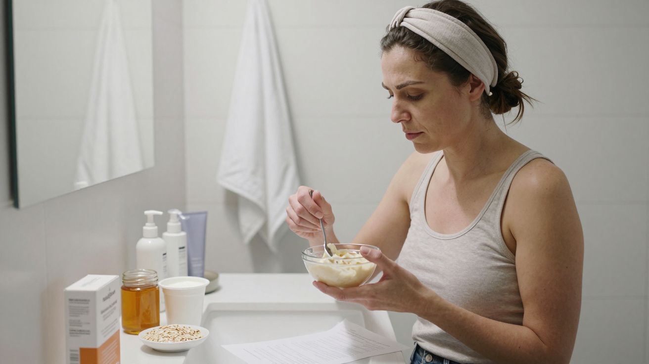 Mujer preparando mezcla en un bol en el baño, rodeada de productos de cuidado personal y alimentos en la encimera.