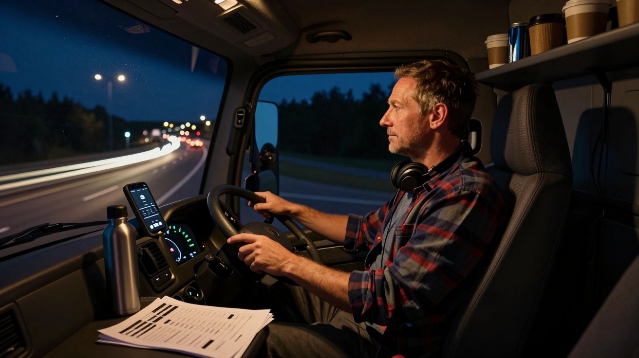 Hombre conduciendo un camión por la noche en una autopista. Lleva auriculares y hay papeles en el tablero.