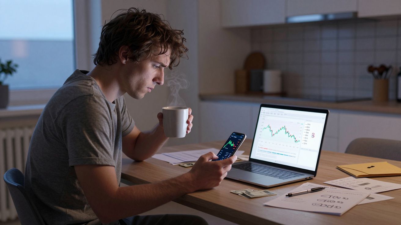 Hombre revisa gráficos en móvil y portátil mientras toma café en la cocina.