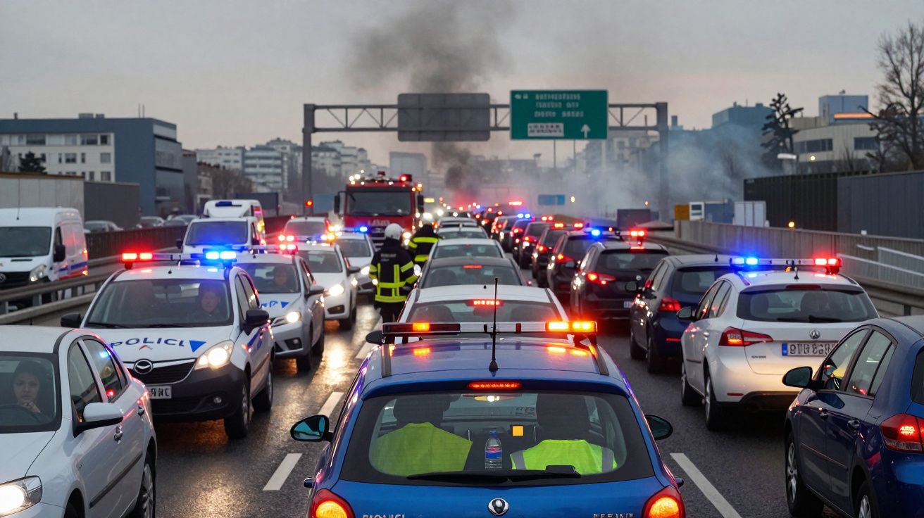Atasco en autopista con coches de policía y humo en el fondo, señal de emergencia presente.