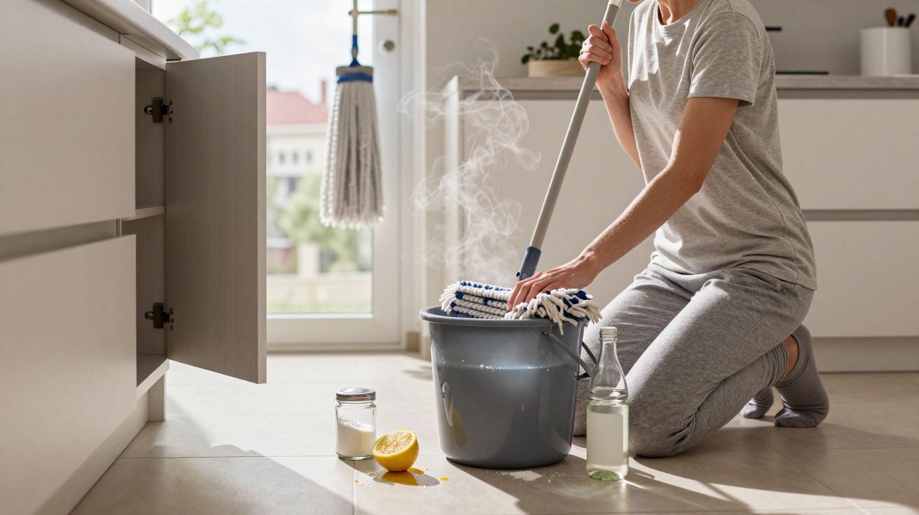 Persona limpiando el suelo con un cubo de fregona, limón y botella de vinagre en cocina bien iluminada.