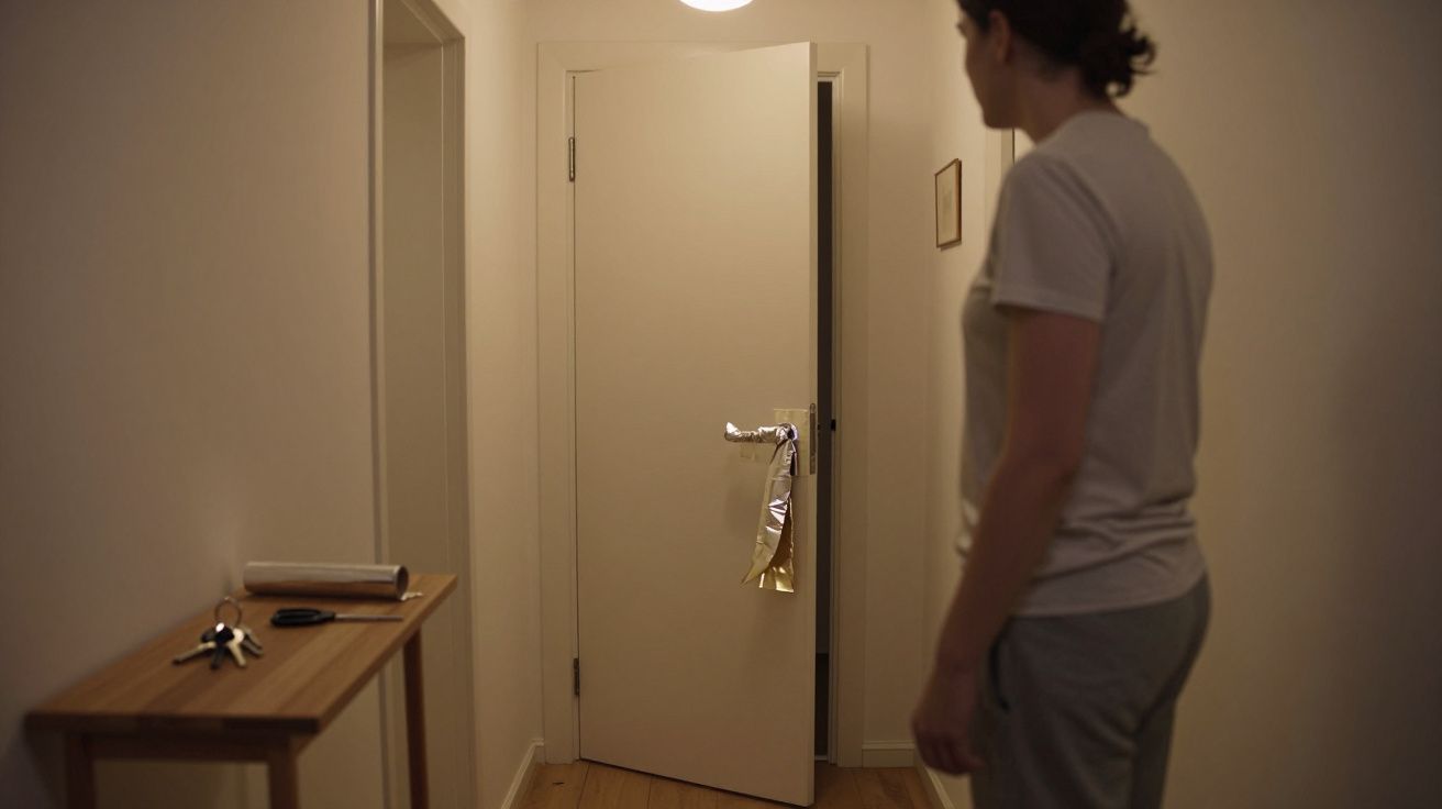 Mujer en pasillo mirando una puerta entreabierta con una cuerda atada al picaporte y una mesa con llaves.