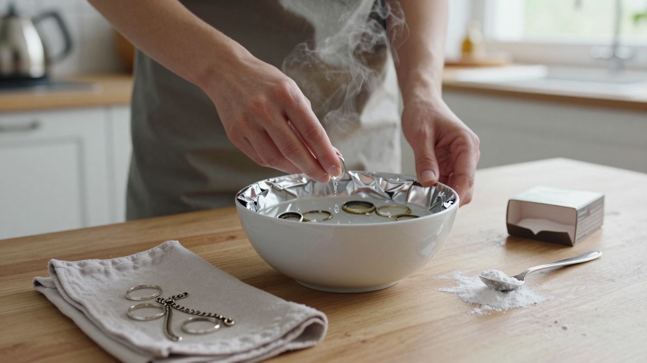 Persona limpiando joyas en un cuenco con papel de aluminio y bicarbonato de sodio sobre una mesa de madera.