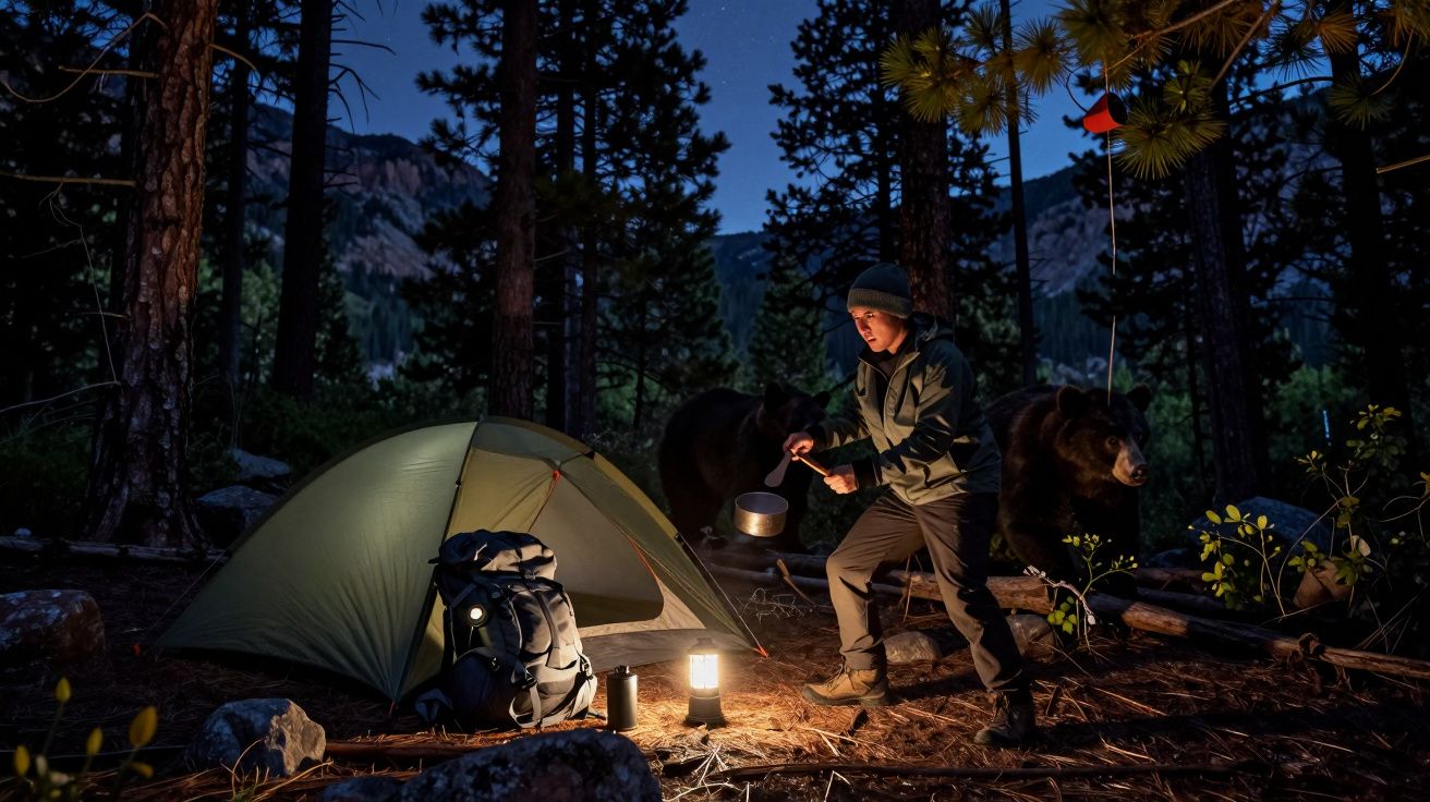 Hombre cocinando frente a tienda de campaña en el bosque por la noche, con osos en el fondo.
