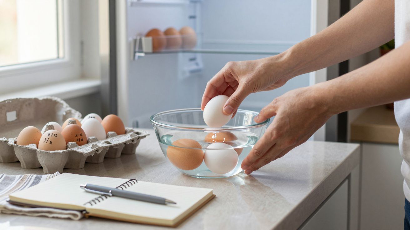 Persona sobre encimera poniendo huevos en agua en un bol, con cartón de huevos y libreta con bolígrafo a un lado.