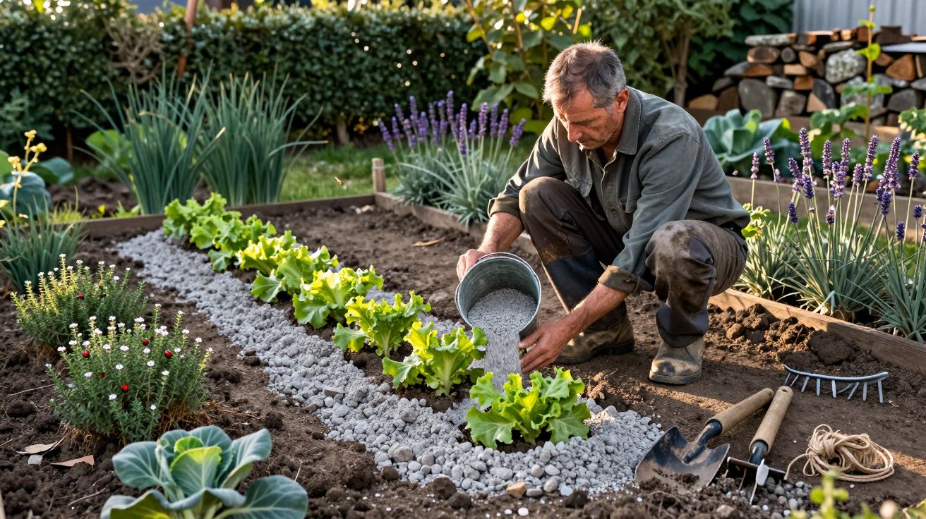 Hombre esparciendo grava en un huerto con plantas verdes, rodeado de herramientas de jardinería y flores en el fondo.