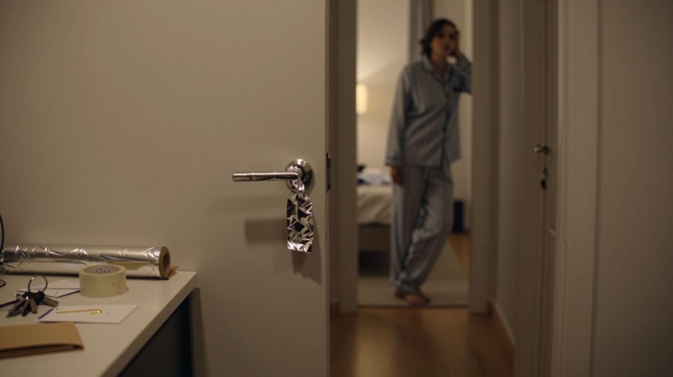 Puerta entreabierta con papel de regalo colgando, persona en pijama de rayas en la habitación al fondo.