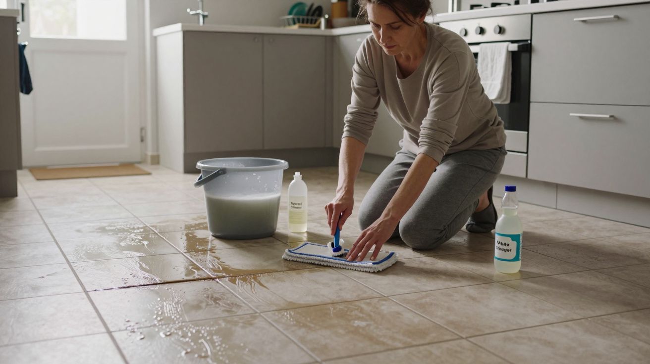 Mujer limpiando el suelo de la cocina con fregona, cubo y productos de limpieza.