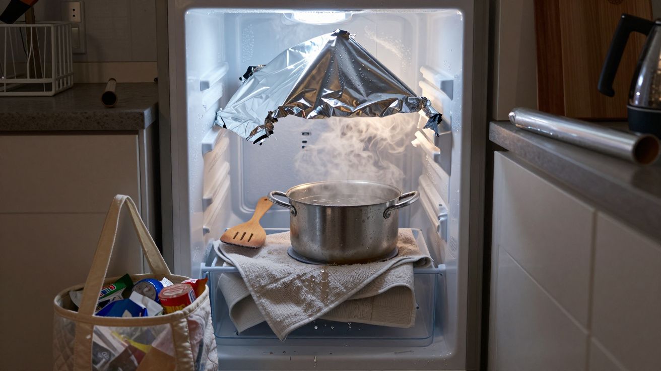 Olla humeante en frigorífico abierto con papel aluminio y espátula, bolsa de compras al lado.