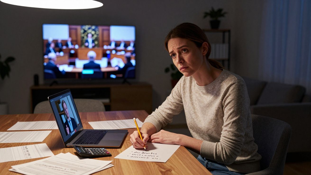 Mujer escribiendo en una mesa con un portátil y hojas; televisor encendido al fondo mostrando una sala de audiencias.