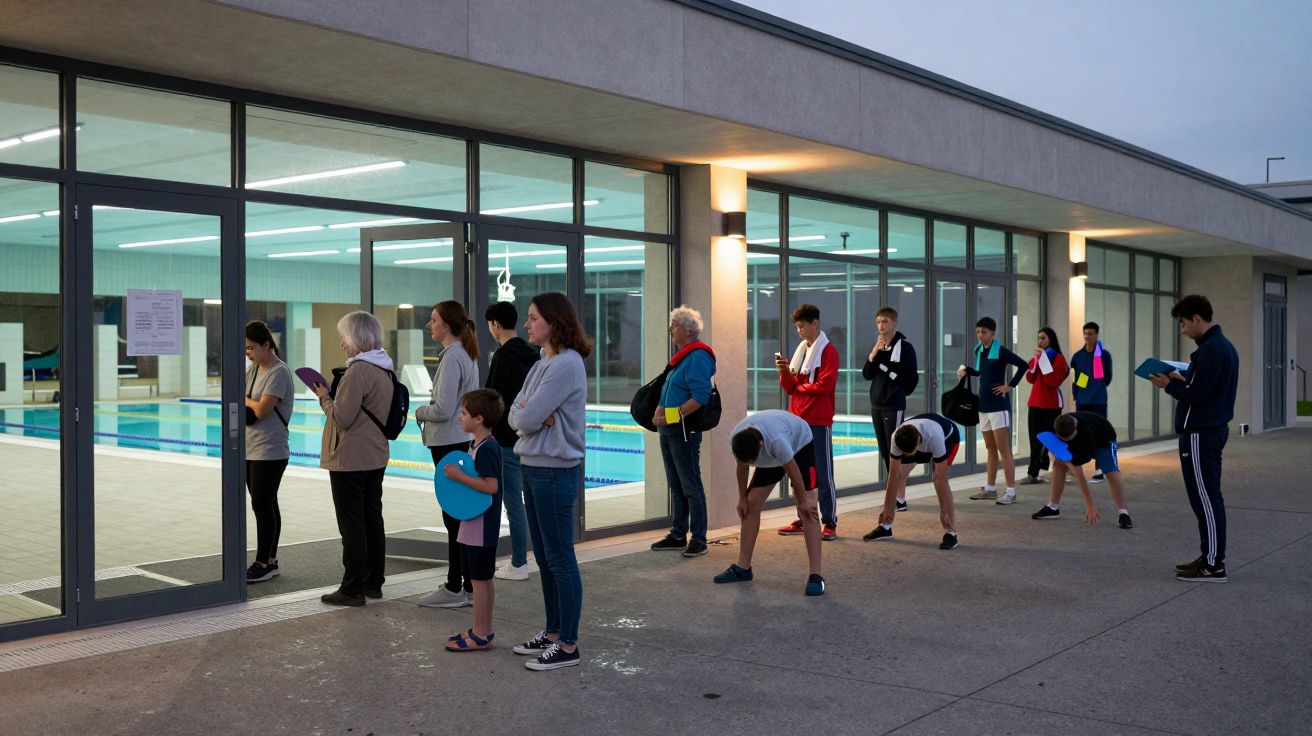 Personas haciendo cola frente a una piscina climatizada por la noche.