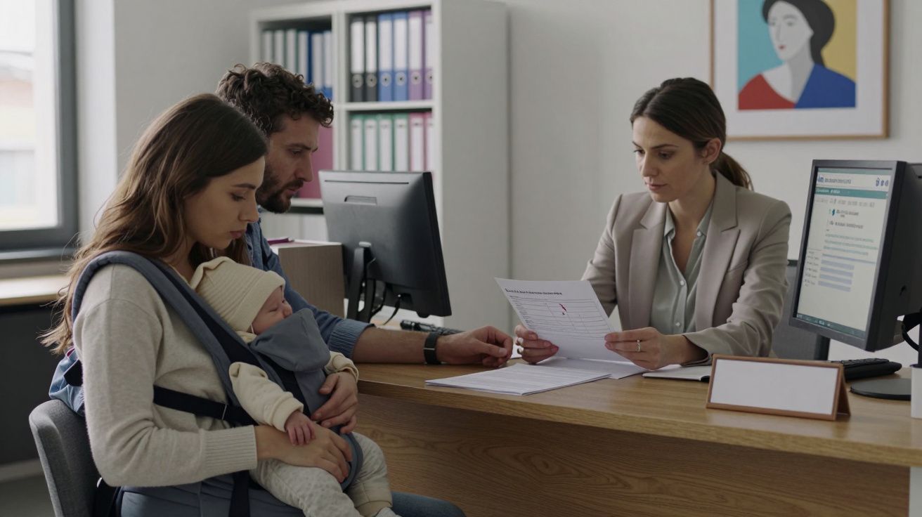Mujer con bebé en portabebés y hombre consultan con una asesora en oficina moderna.