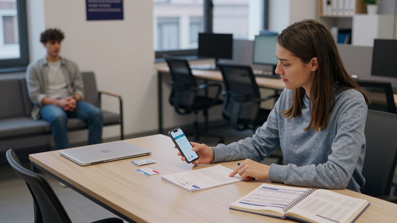 Mujer usando teléfono móvil en escritorio con portátil y cuadernos. Hombre sentado en segundo plano en una oficina.