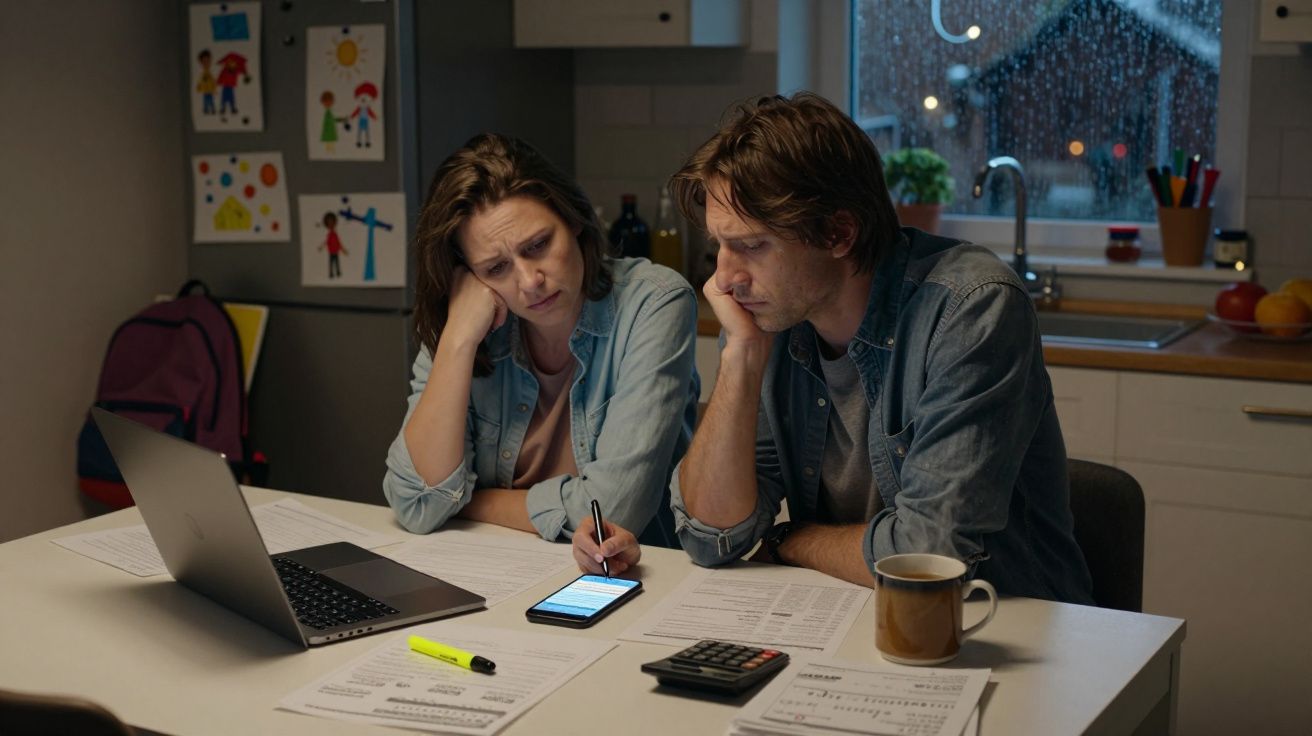 Pareja preocupada revisa facturas en la cocina con portátil, móvil y calculadora. Lluvia visible por la ventana.