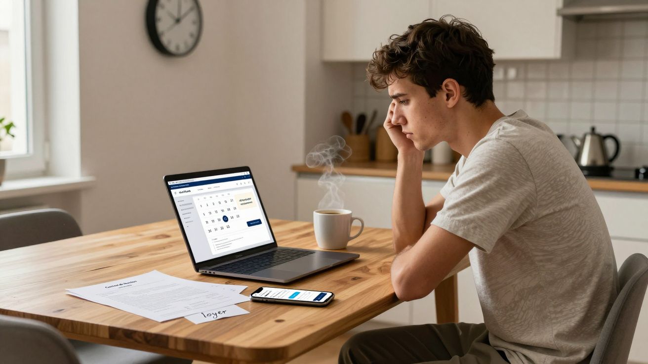 Joven concentrado frente a un portátil, con taza de café humeante, móvil y documentos sobre la mesa de madera en la cocina.