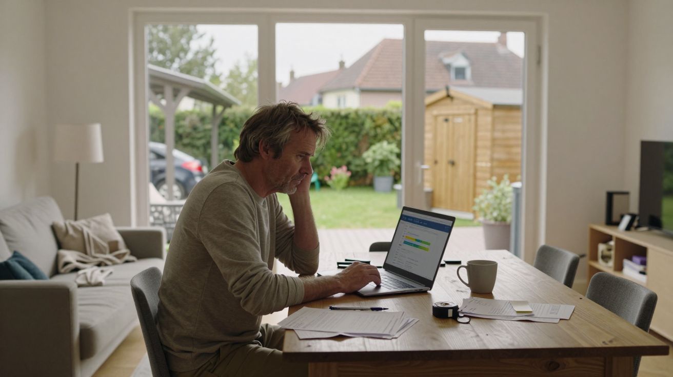 Hombre trabajando en su portátil en una mesa del comedor, con ventanas grandes al fondo y un jardín exterior.