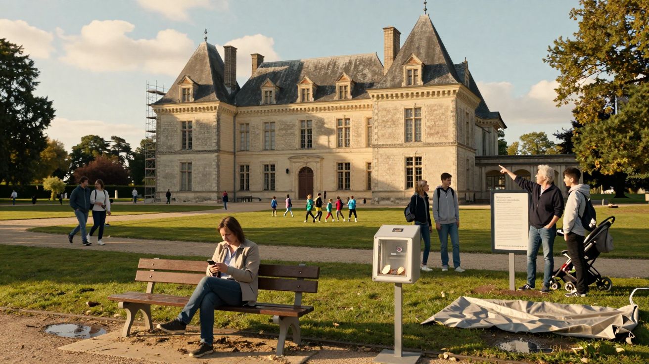 Persona sentada en un banco frente a un castillo antiguo, con turistas y un cochecito cerca, en un día soleado.