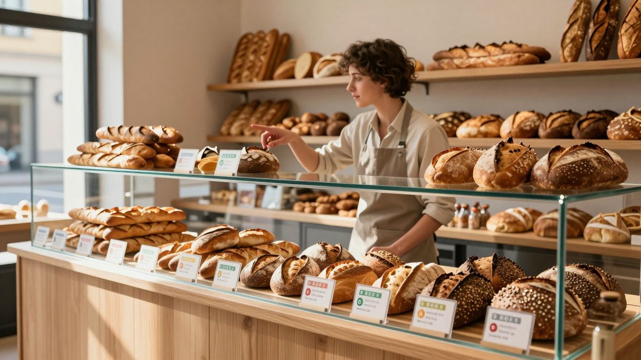 Persona mostrando panes en vitrina de panadería iluminada, con variedad de panes expuestos en estantes.