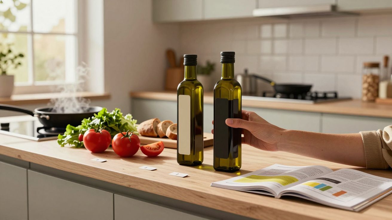 Botellas de aceite en cocina con tomate, lechuga y libro abierto sobre la encimera de madera.