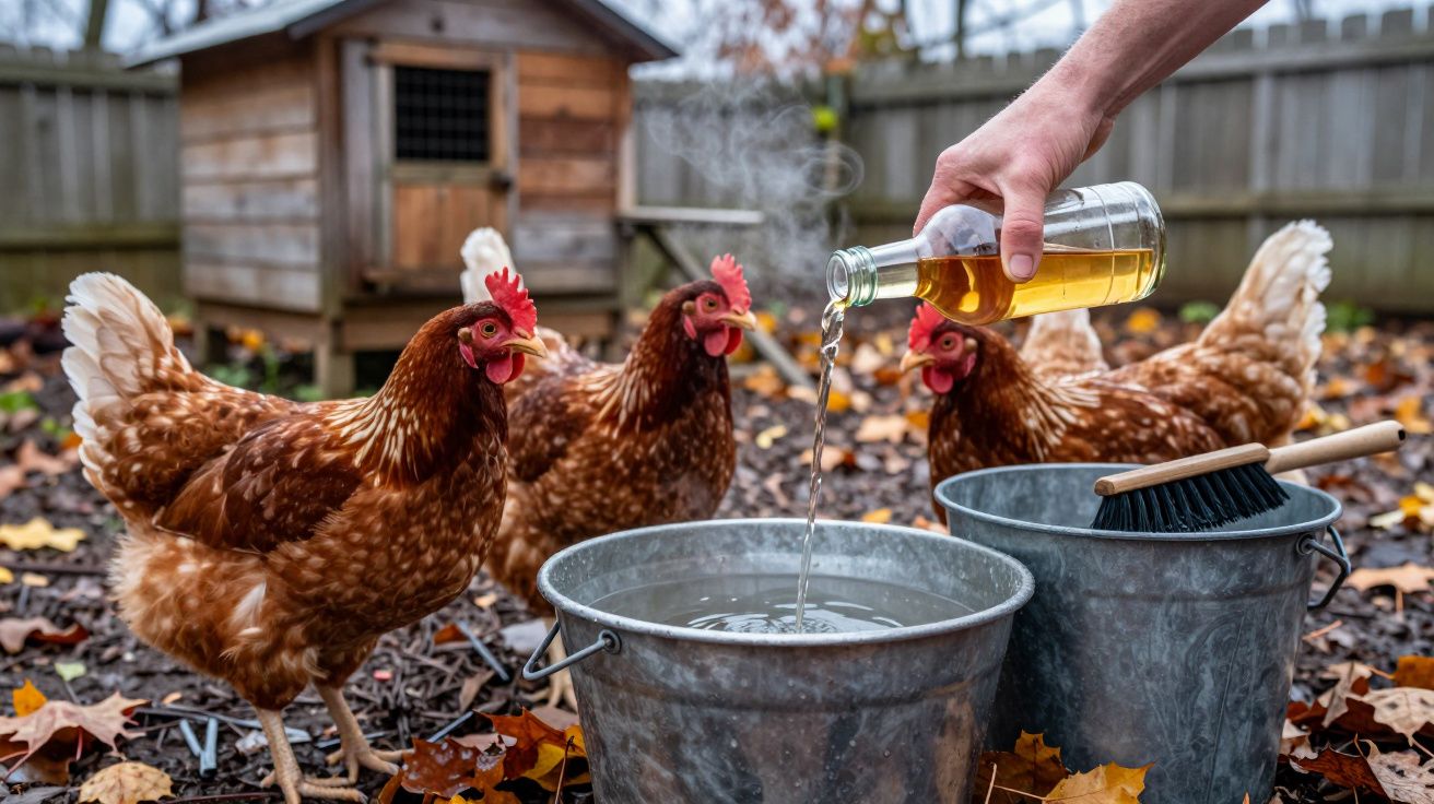 Tres gallinas observan, mientras una mano vierte líquido en un cubo de metal en un patio otoñal con hojas secas.