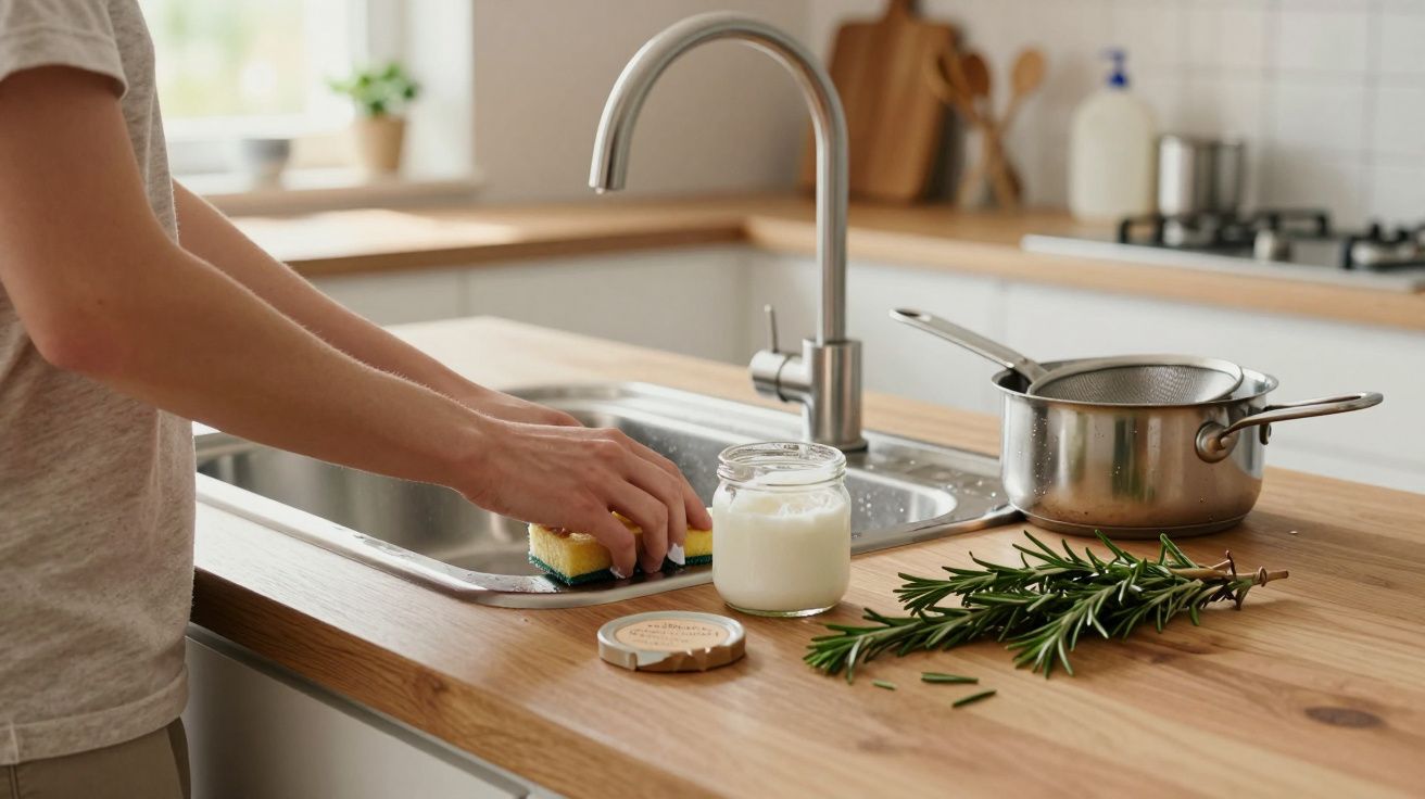 Persona limpiando en un fregadero de cocina moderna, con una olla, romero y frasco en la encimera de madera.