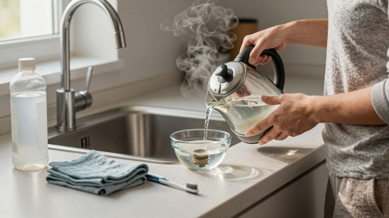 Persona vertiendo agua caliente de un hervidor en un bol de cristal en la cocina, junto a un trapo y un cepillo.