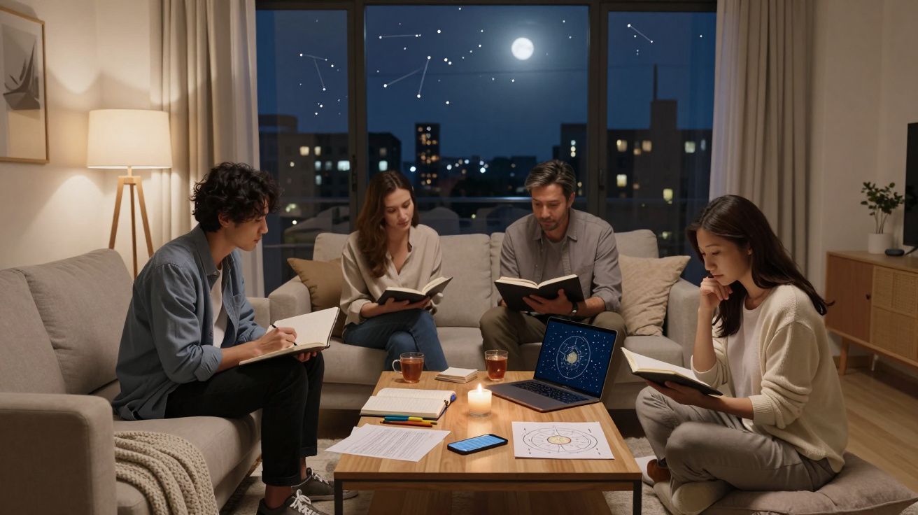 Cuatro personas leyendo libros en un salón iluminado con vista nocturna de la ciudad y constelaciones visibles en el cielo.