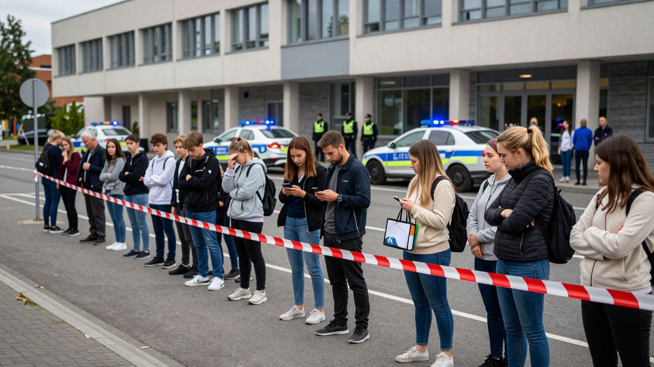 Personas tras cinta de seguridad delante de un edificio, con coches policiales de fondo y agentes observando.